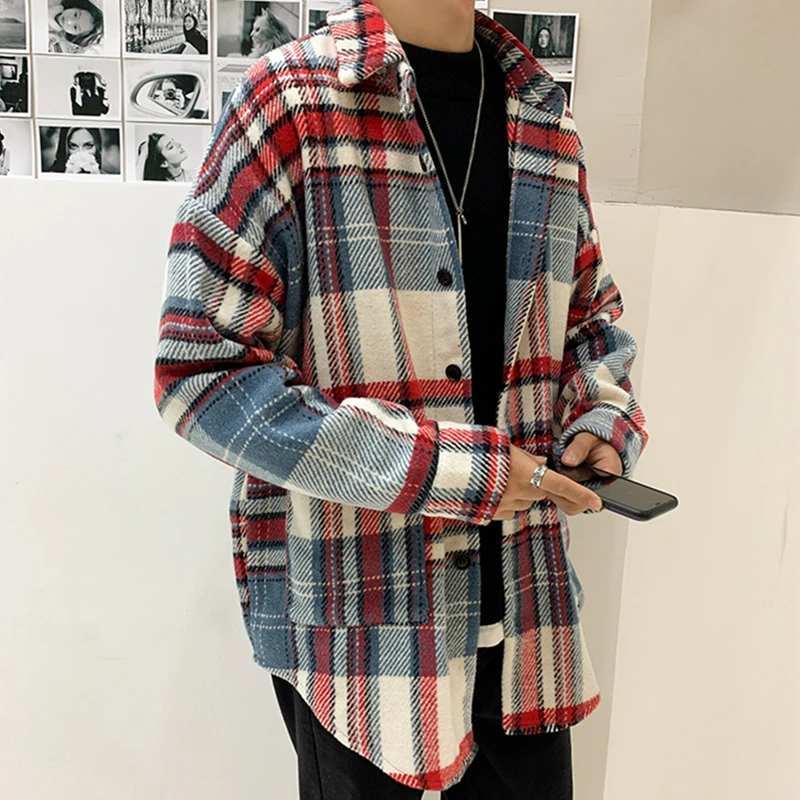 2024 Spring Clothing Men's Casual Woolen Plaid Shirt Vintage Big Size Turn Down Collar Button Long-sleeved Check Tops Stylish