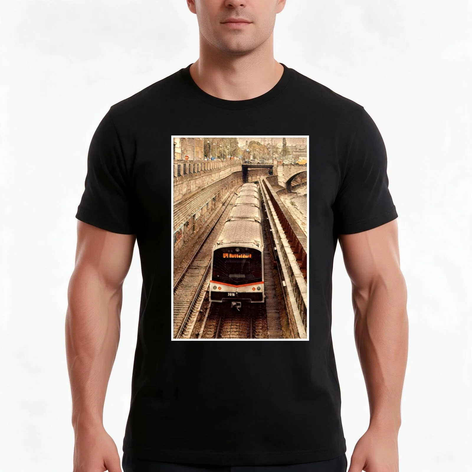 Vienna Train V3 (w. border frame) T-Shirt Summer Casual Cotton Tee Oversized Streetwear Tops Vintage Graphic Print