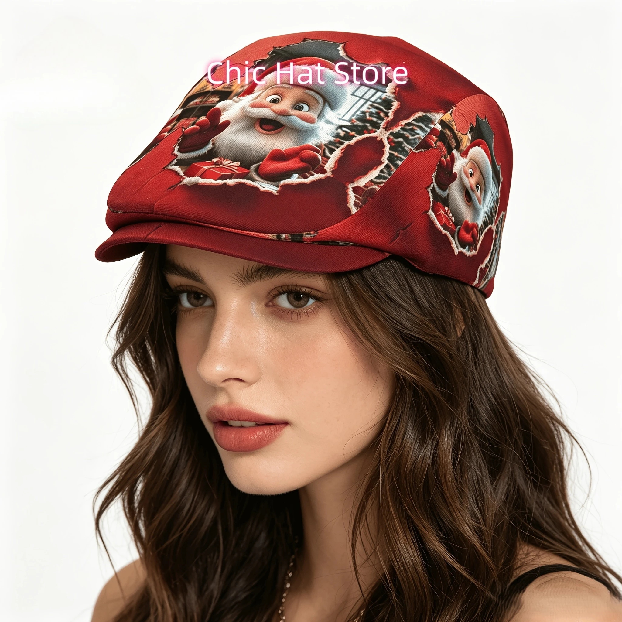 1pc Santa Peeking Gift Red Christmas All-over Print Flat-top Hats for Men and Women, Newsboy Caps, Berets, Irish Hats, Driver Ca