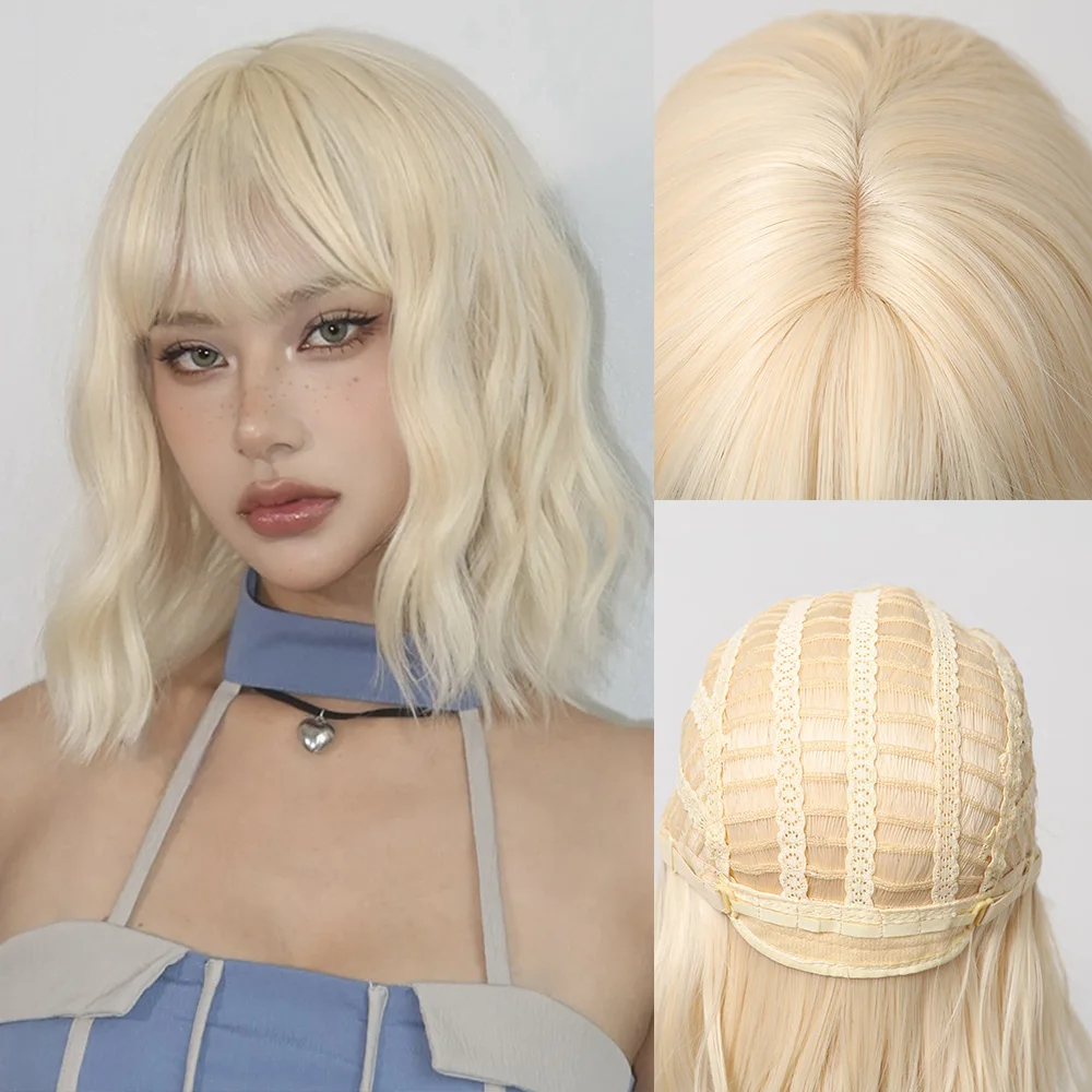 Blonde Short Curly Bob Synthetic Wigs with Bangs Platium Golden Lolita Cosplay Wigs for Women Daily Party Cosplay Heat Resistant