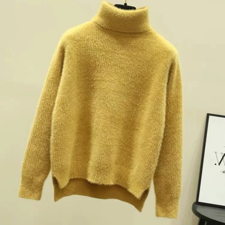 Winter Turtleneck Thicken Sweater Women Casual Warm Plush Lining Knit Tops Add Velvet Bottomed Blue Pullover 2025