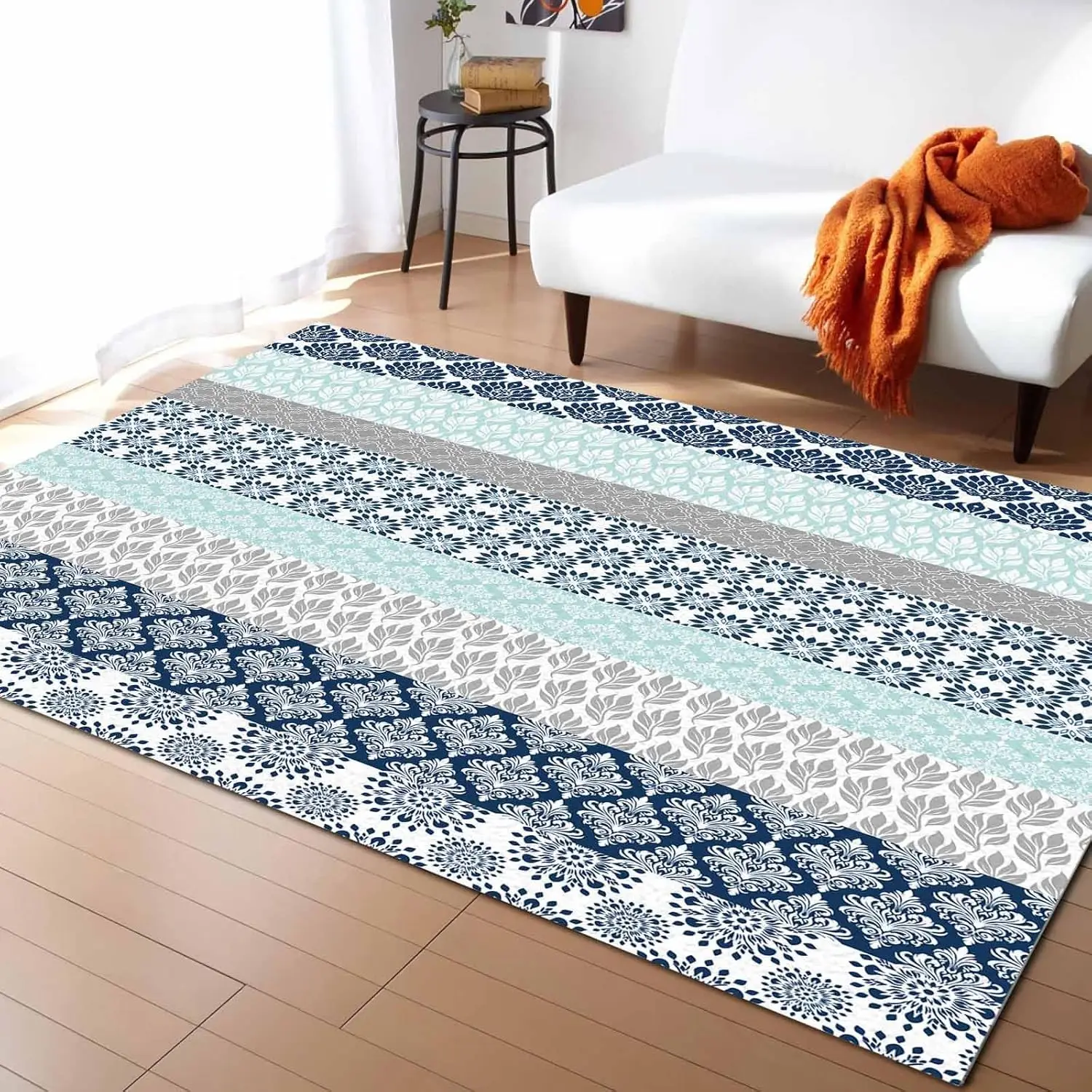 

Vintage Washable Area Rugs Medieval Bohemian Blue Geometric Stripe Non Slip Rugs for Living Room Bedroom, Low Pile Floor Mat