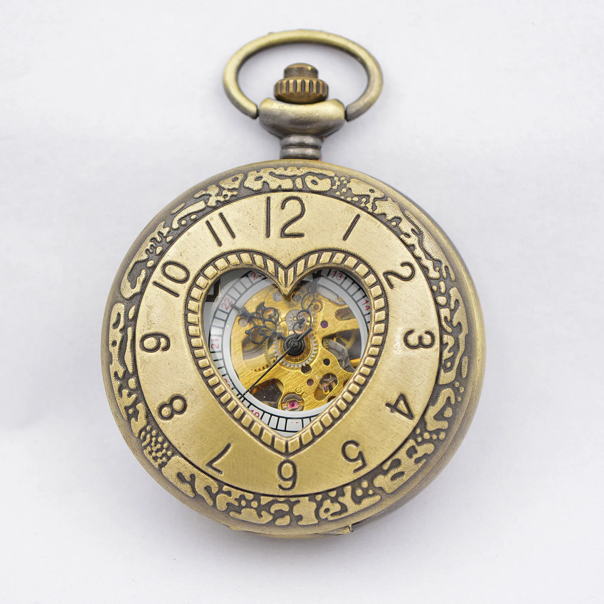 

Steampunk Bronze Tone Heart Hollow Half Hunter Hand Wind Mechanical Pocket Watch Arabic Number Dial w/Chain