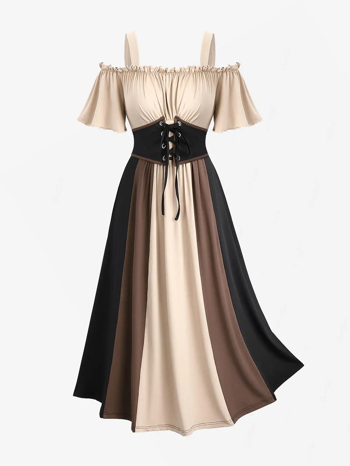 Sukienka damska plus size, nowa, z odkrytymi ramionami, marszczeniami, falbanami, blokami kolorów, patchworkiem, sznurowana, z paskiem, w stylu vintage, sukienki typu gorset, szata.