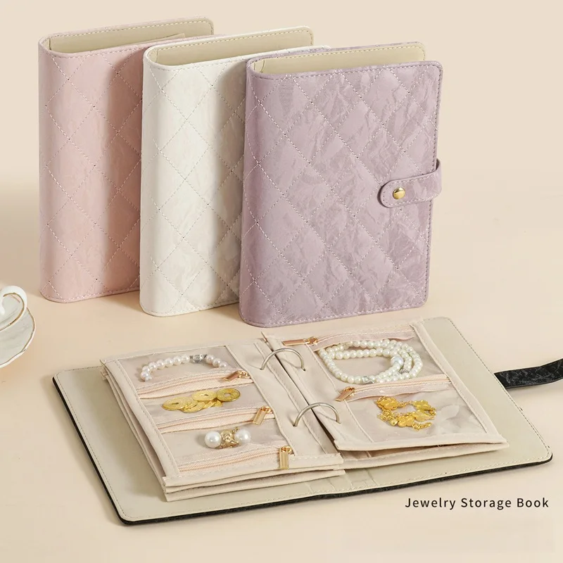 

Removable Binder-style Jewelry Storage Book, Quilted PU Leather Multi Zipper Organizer with Portable Travel Jewellery Case