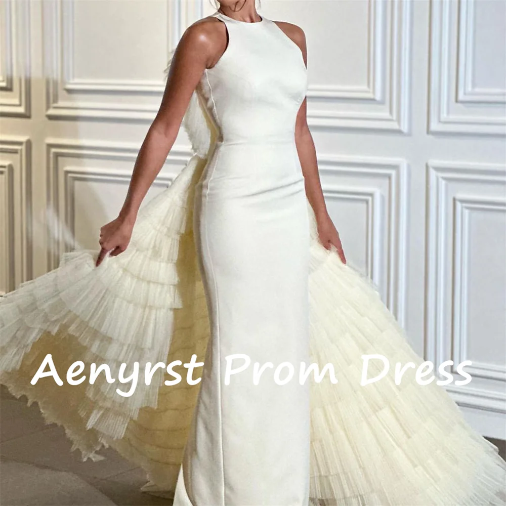 Aenyrst Elegant Satin Mermaid Evening Dresses Open Backless Tulle Tierd Train Prom Gowns High Collar Party Dress فساتين السهرة