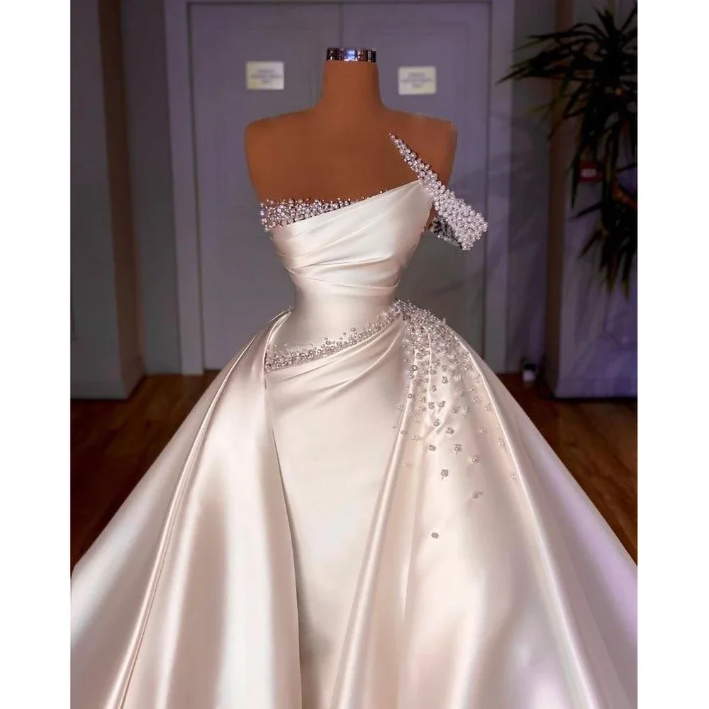 Robe de mariée sirène avec perles de luxe, robe de mariée élégante avec queue amovible, perles de fibre, tout ce qui est avec poignées, train de cour, mode