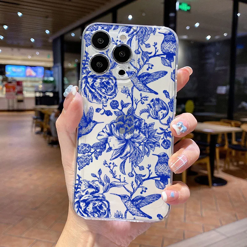 Blue And Red Flowers For Realme10 9 C30 53 63 Narzo50 Find X5 Reno12 11 10 8 7 6 Pro Plus Transparent Space Phone Case Funda