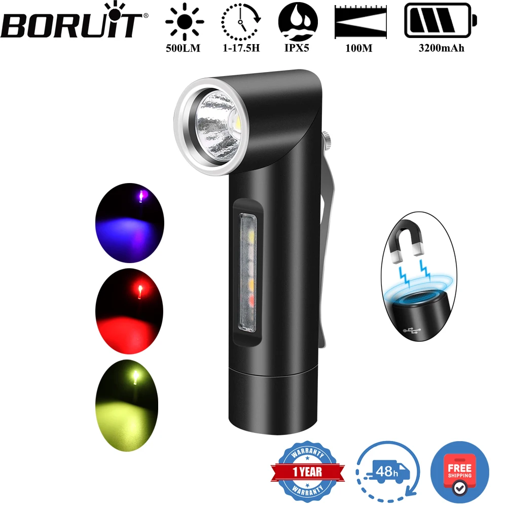 BORUiT V5S 500LM UV مصباح ليد جيب رأس دوار نوع-C الشعلة القابلة لإعادة الشحن ضوء العمل مع المغناطيس فانوس التخييم مقاوم للماء