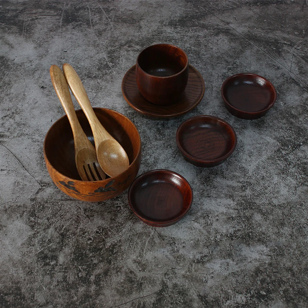 

6Pcs Japanese Wooden Rice Bowl Cutlery Set Natural Whole Wood Tableware Spoon Fork Cup Sauce Dish Mat Healthy Kitchen Dining Set