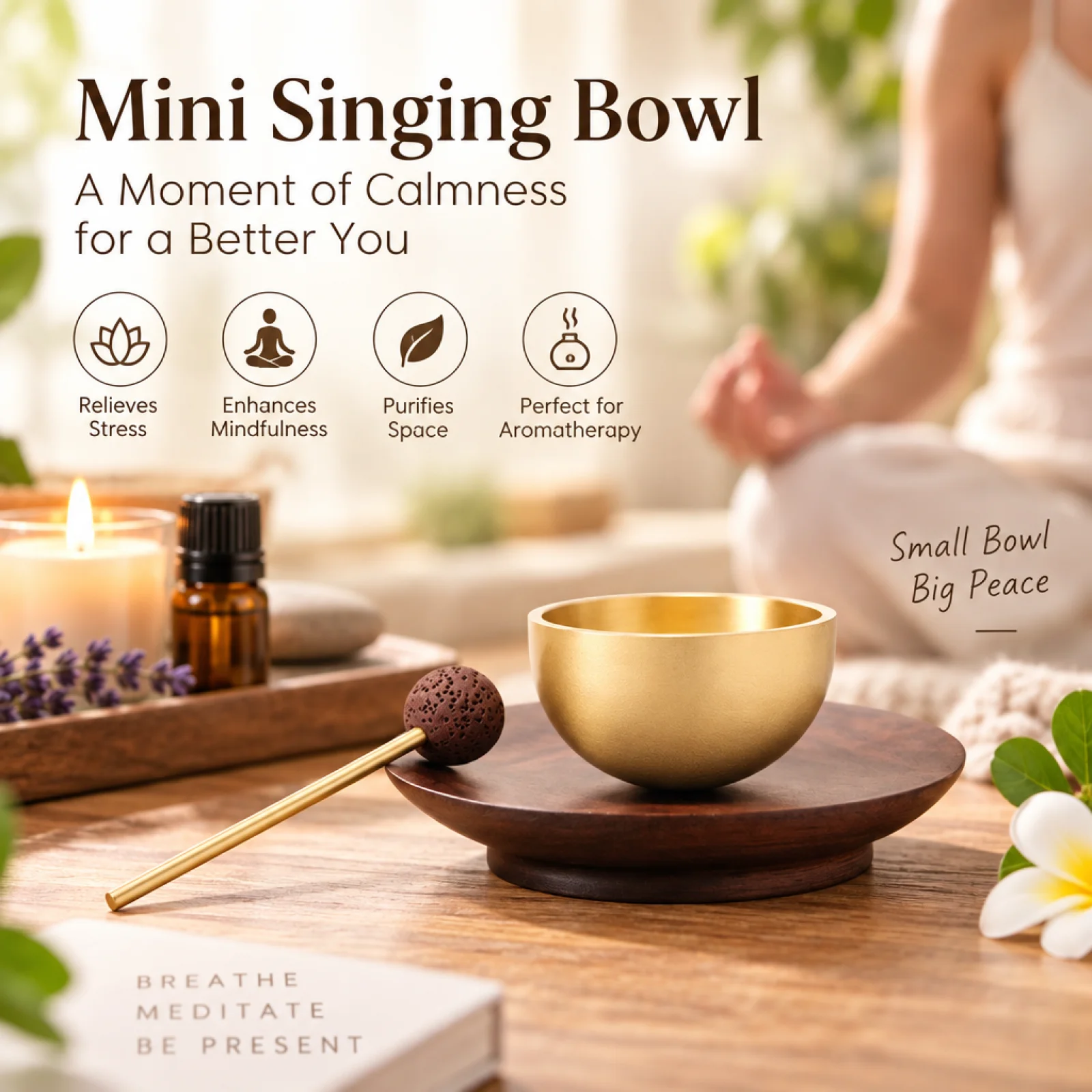 Compact Mini Chime Vessel with Mallet Polished Gold-Toned Finish, Brass chime vessel with Base, for Meditation