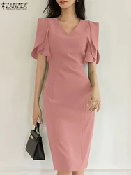 ZANZEA Elegant Flare Sleeve Party Dress Women Korean Fashion V Neck Slim Vestidos Sexy Package Hip Solid Color Pencil Dresses