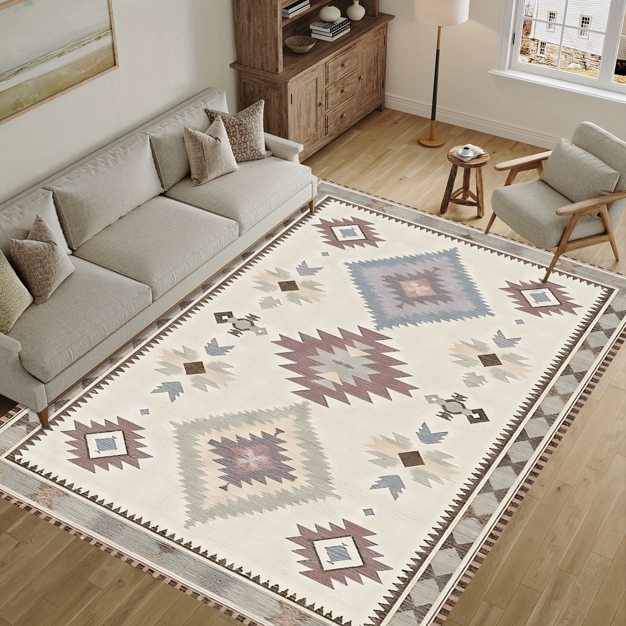 2D Large Rug with Ethnic, Geometric, Diamond Pattern, Retro Bohemian Style, Suitable for Living Room, Bedroom, and Coffee Table Area A One-Click Way to Refresh Your Fall/Winter Decor.