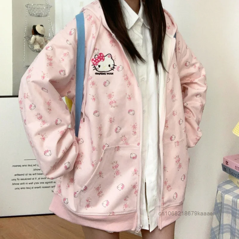 Sanrio Hello Kitty Cute Floral Cardigan Hooded Sweatshirt Korean Style New Loose Casual Coat Sweet Y2k Girl Autumn Ziper Hoodies