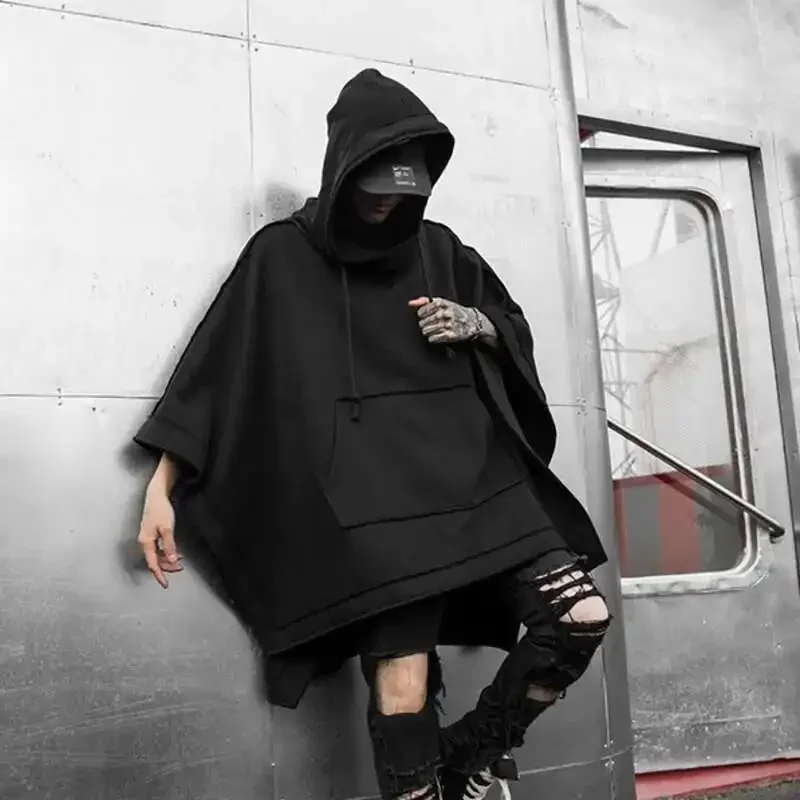 

Spring Autumn Winter New Men's Loose Bat Cloak Mid Length Sweater Fashion Casual Windbreaker Hooded Coat Dark Gothic