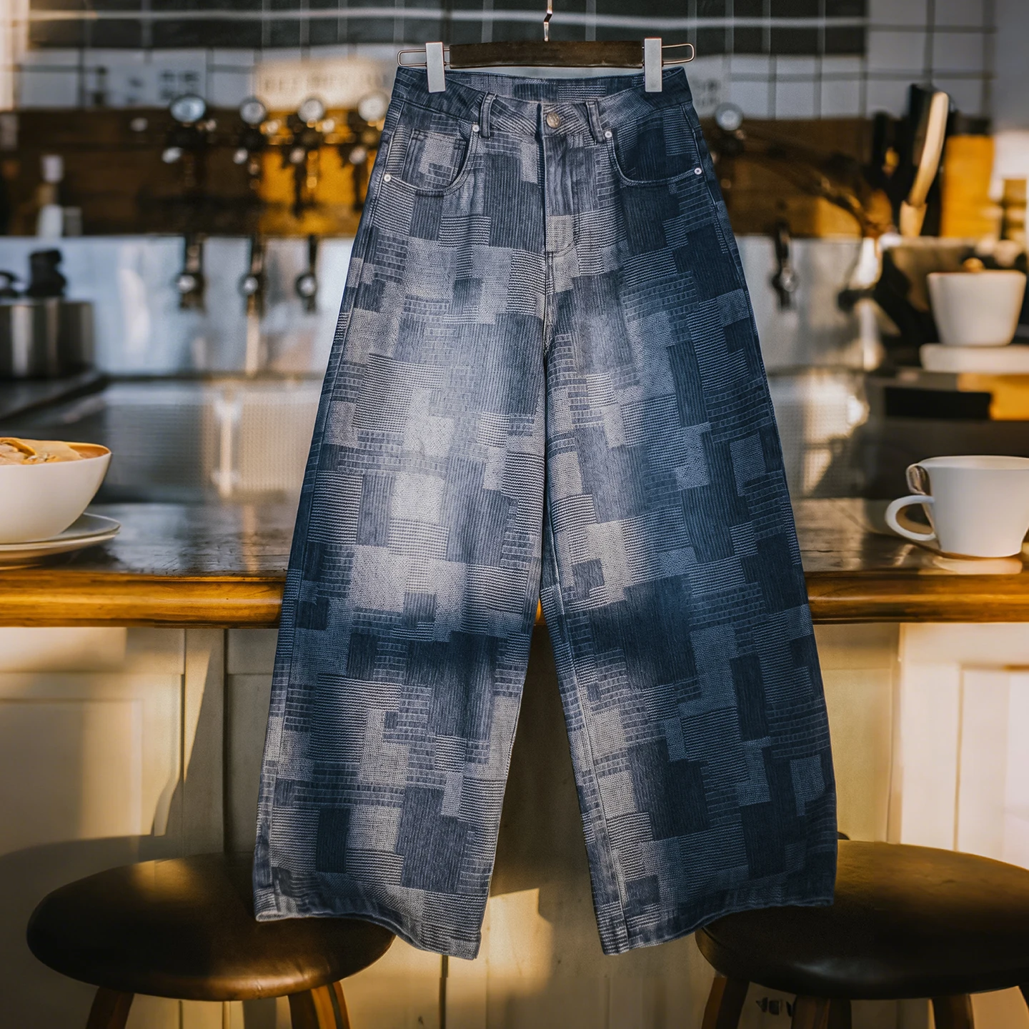 Maden Women's Boro Print Washed Baggy Denim Jeans Vintage Y2K Style Loose Wide Leg Straight Pants Oversize Retro Casual Layering