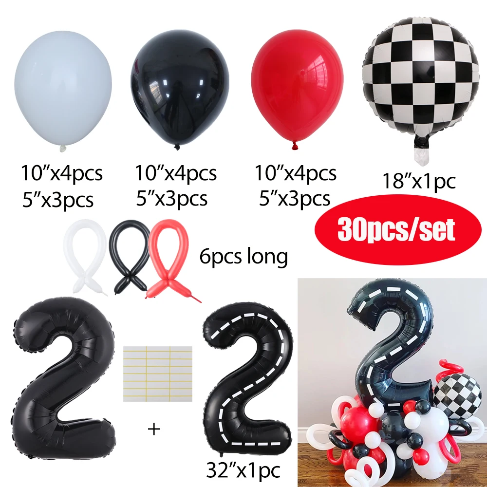 30pcs Racing Car Theme 1st 2nd Birthday Party Decorations Kids Boys 32inch Foil Number Balloons Set Baby Shower Supplies Globes