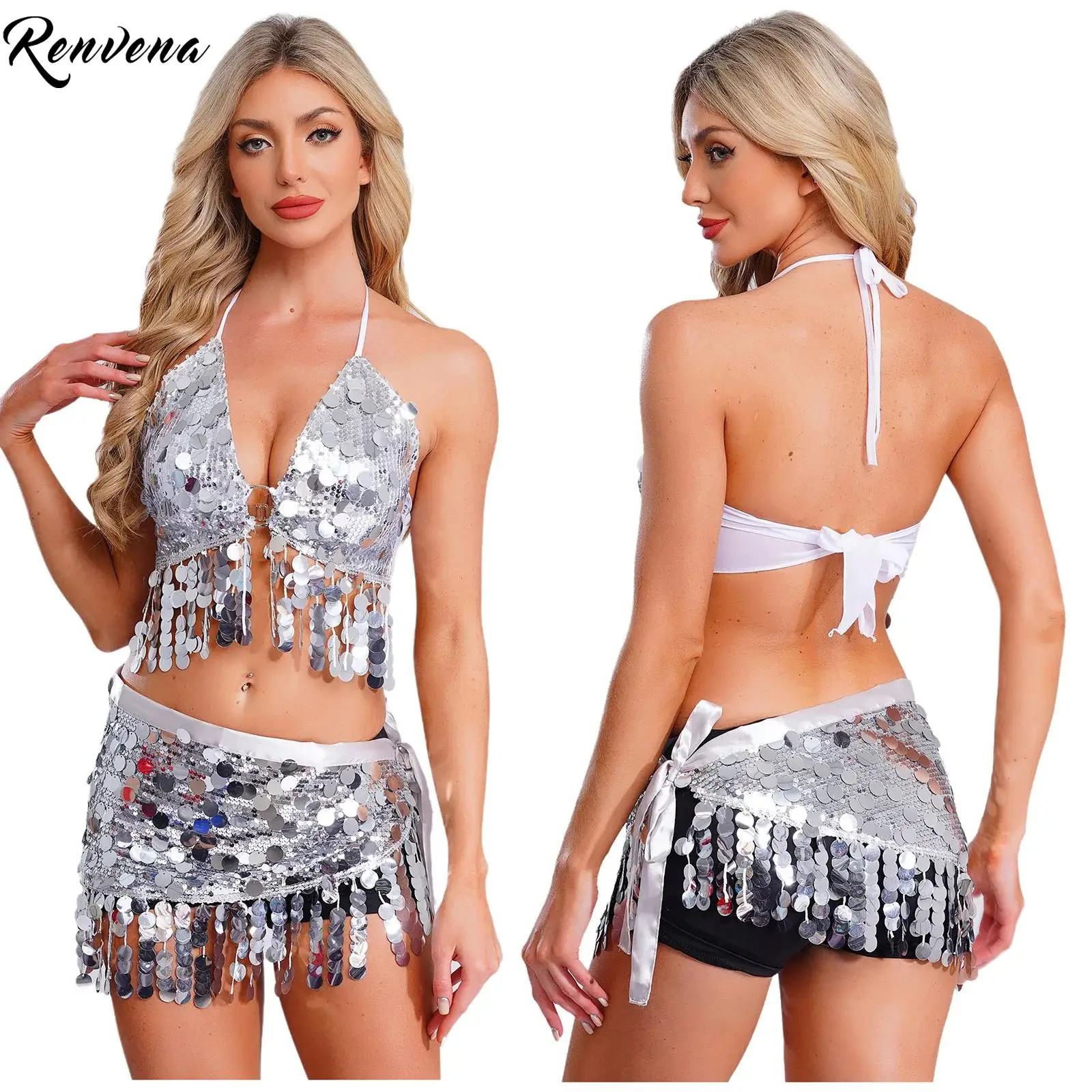 

Женские комплекты для танца живота, костюм балерины для сценического выступления, укороченный топ с блестками, шнуровкой и шарфом с кисточками