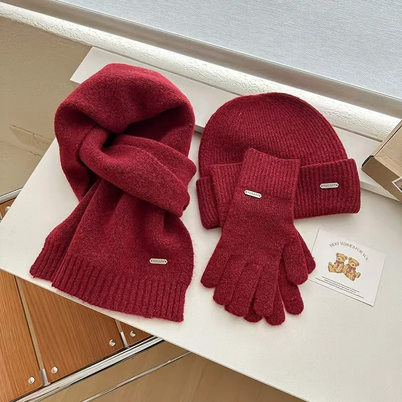 Conjunto de chapéu, cachecol e luvas de malha de cor sólida, chapéu multifuncional quente de outono e inverno, cachecol de casal casual à prova de vento