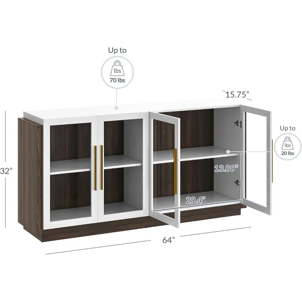 Sideboard Buffet Cabinet, Modern Wood Glass-Buffet-Sideboard with Storage, Console Table for Kitchen, Dining Room, Living Room,