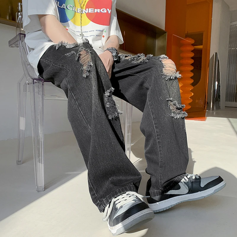 

Trendy Men's Ripped Jeans Straight Leg Loose Fit American Retro High Street Spring Autumn Versatile Handsome Long Pants