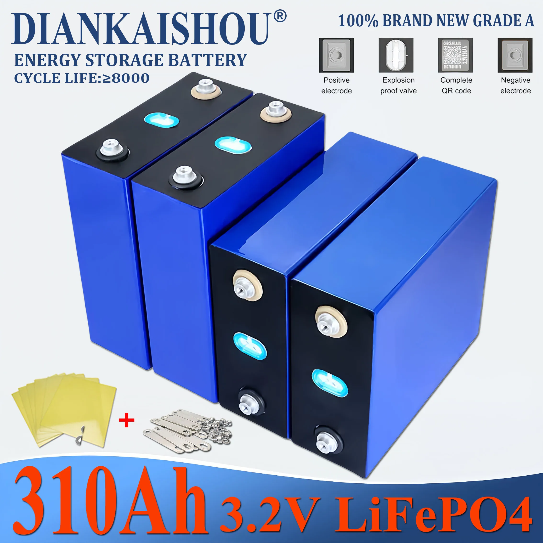 

3.2V 310Ah LifePO4 battery 1-16pcs 12V 24V 48V suitable for RV camping vehicle solar high-quality A-class rechargeable battery