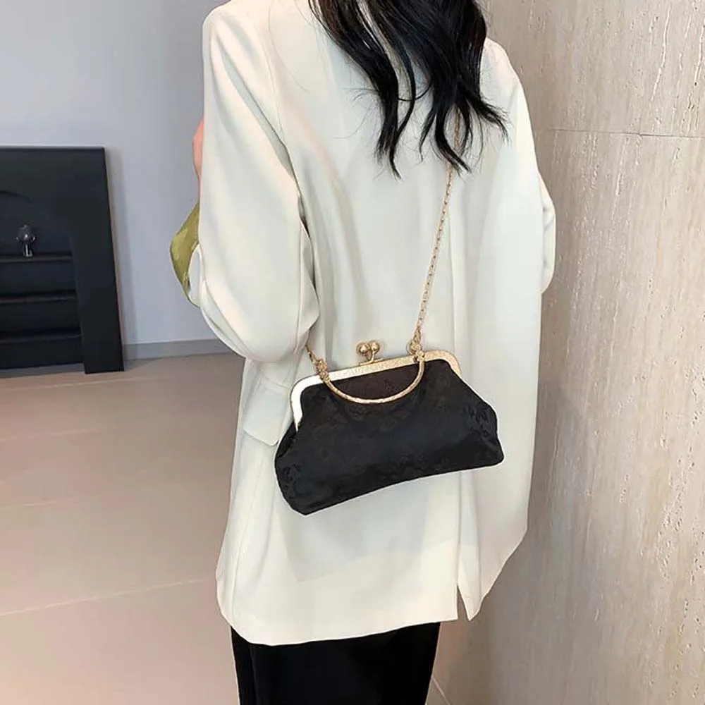 

Clasp Frame Embroidery Chinese Style Handbag Purse Luxury Print Chain Shoulder Pouch Nylon Polyester Ladies Clutch Bag Party
