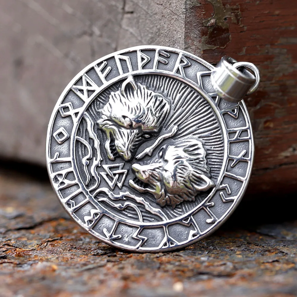 2025 نمط جديد الفولاذ المقاوم للصدأ فايكنغ مزدوجة الذئب قلادة فايكنغ الرونية تميمة هيلم العراف مجوهرات للرجال بالجملة #3