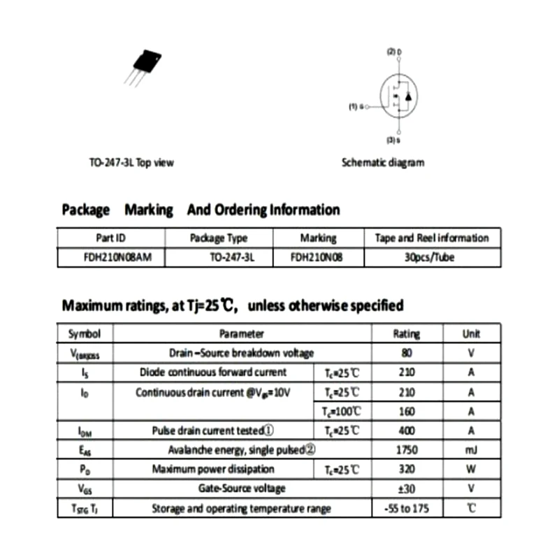 5pcs/Lot Original FDH210N08AM TO-247 24V inverter high-power MOSFET 210A 80V HY4008W IRFP2907  Best in Quality