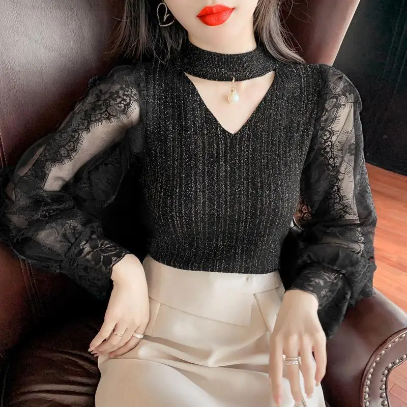 

Fashion Gauze Bright Silk Beading Hollow Out Blouses Female Clothing 2023 Autumn Winter Elegant Lace Tops Princess Sleeve Shirts