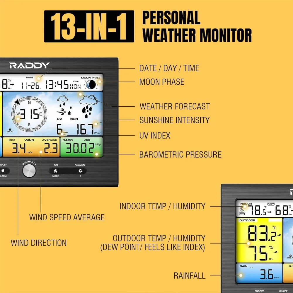 WF-100SE 13-in-1 Weather Station Wi-Fi, Wireless Weather Station Indoor Outdoor with Rain Gauge, Wind Gauge, UV Index