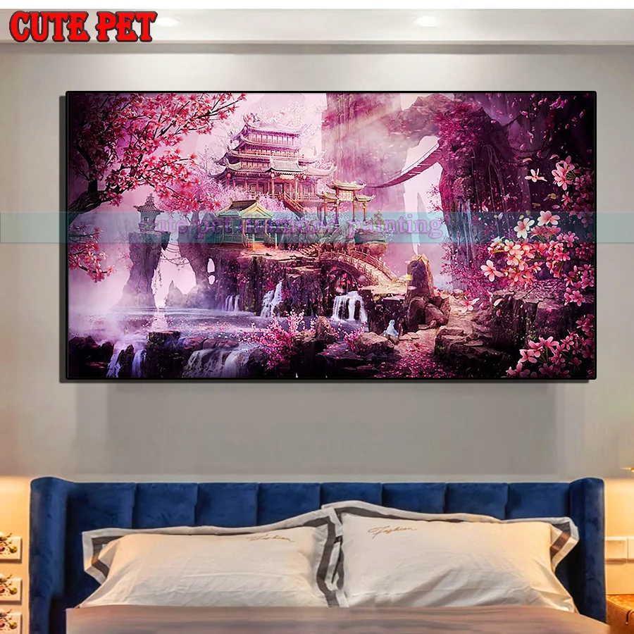 edificio fantasy Pittura diamante 5D fai da te paesaggio naturale Diamant mosaico strass Fiore albero fiume montagne ricamo grande