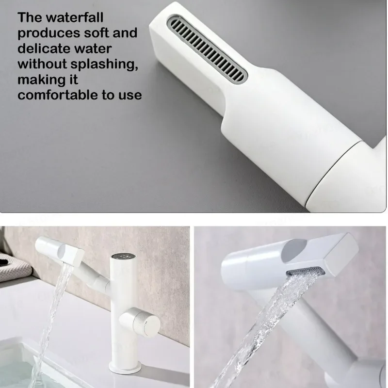 

White Digital Display Basin Faucet with 360 Rotation Cold Hot Water Deck Mount Sink for Household Bathroom