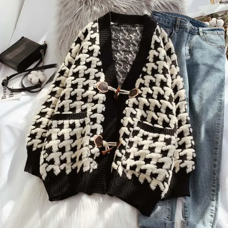 

Houndstooth horn button sweater coat women's autumn and winter new wear plus size loose lazy wind knit cardigan women cardigan