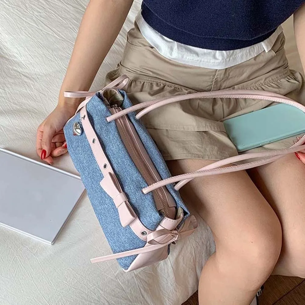 

Shopping Sweet French Stick Handbag Contrast Color Ribbon Bow PU Shoulder Bag Korean Style Waterproof Denim Underarm Bags Women