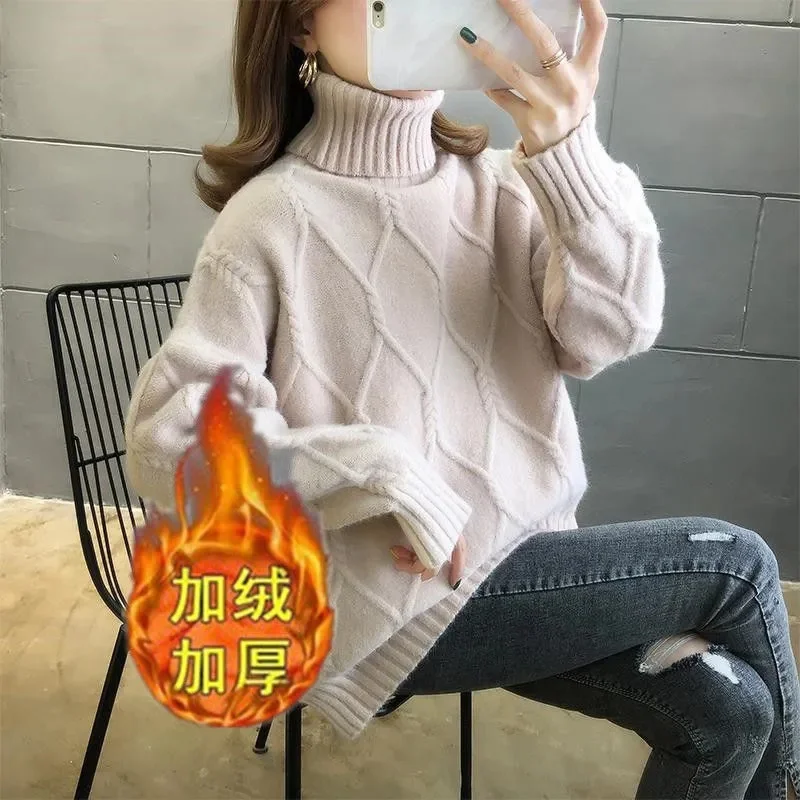 

Autumn Winter Female Solid Color Plush Sweater Top 2024 Women High Collar Pullover Knitting Ladies Long Sleeved Forking Knitwear