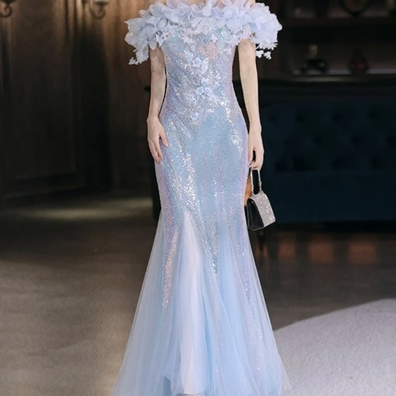 Elegant Prom Dress for Women Evening Party Off The Shoulder Sleeveless Fishtail Skirt Sequins Heavy Industry Banquet