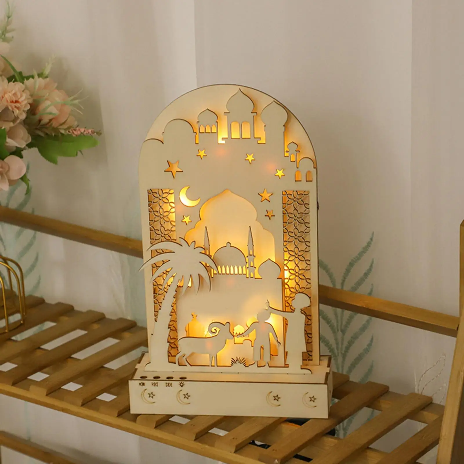 Wooden Eid Mubarak LED Light Muslim Night Light Craft Decorative for Bedside Living Room Home Table Lamp Party Decoration