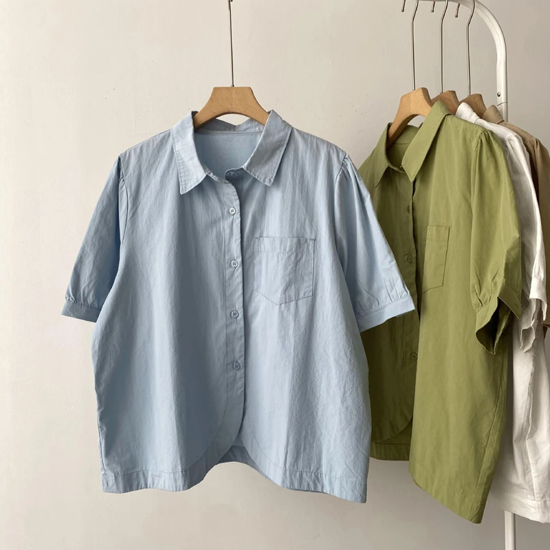 

Summer Cotton ort Sve irt Women's Faionable Design Loose Fit Korean Sle Pure Color Collar Lantern Sve Top