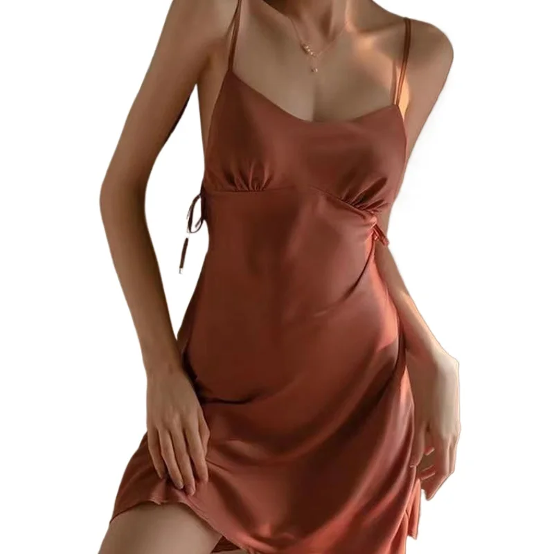 

Sexy Pajamas Night Dress Women Sleepwear Deep V Suspender Nightdress Beauty Back Simulation Silk Nightgowns Thin Home Clothes