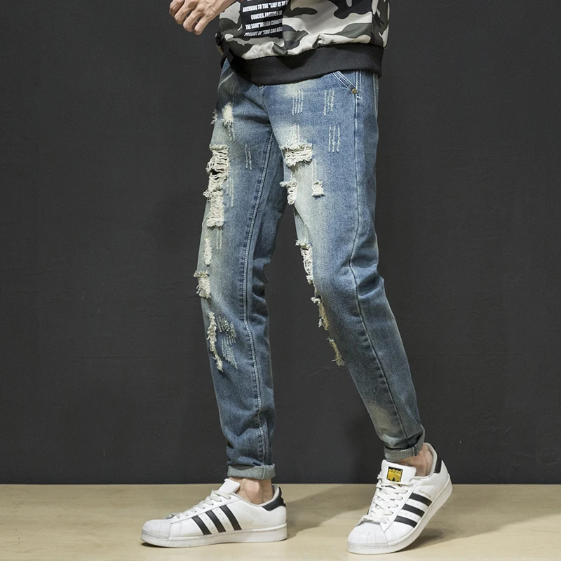 

776 Spring trend all-matching retro washed jeans for men, holes, retro elastic figure-flattering small straight pants