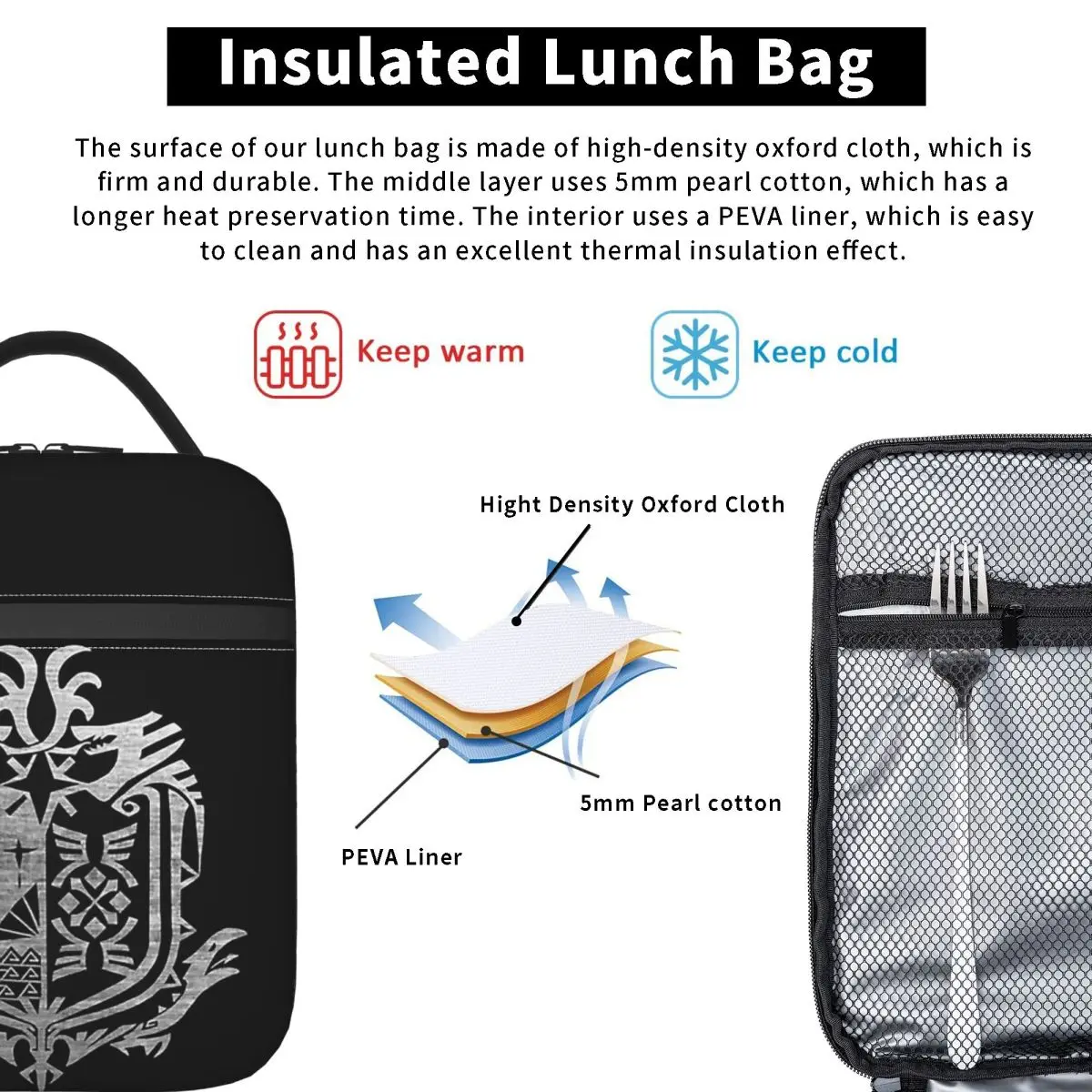 Monster Hunter World Insulated Lunch Bag for Women Children Leakproof Food Boxes Thermal Lunch Box Tote