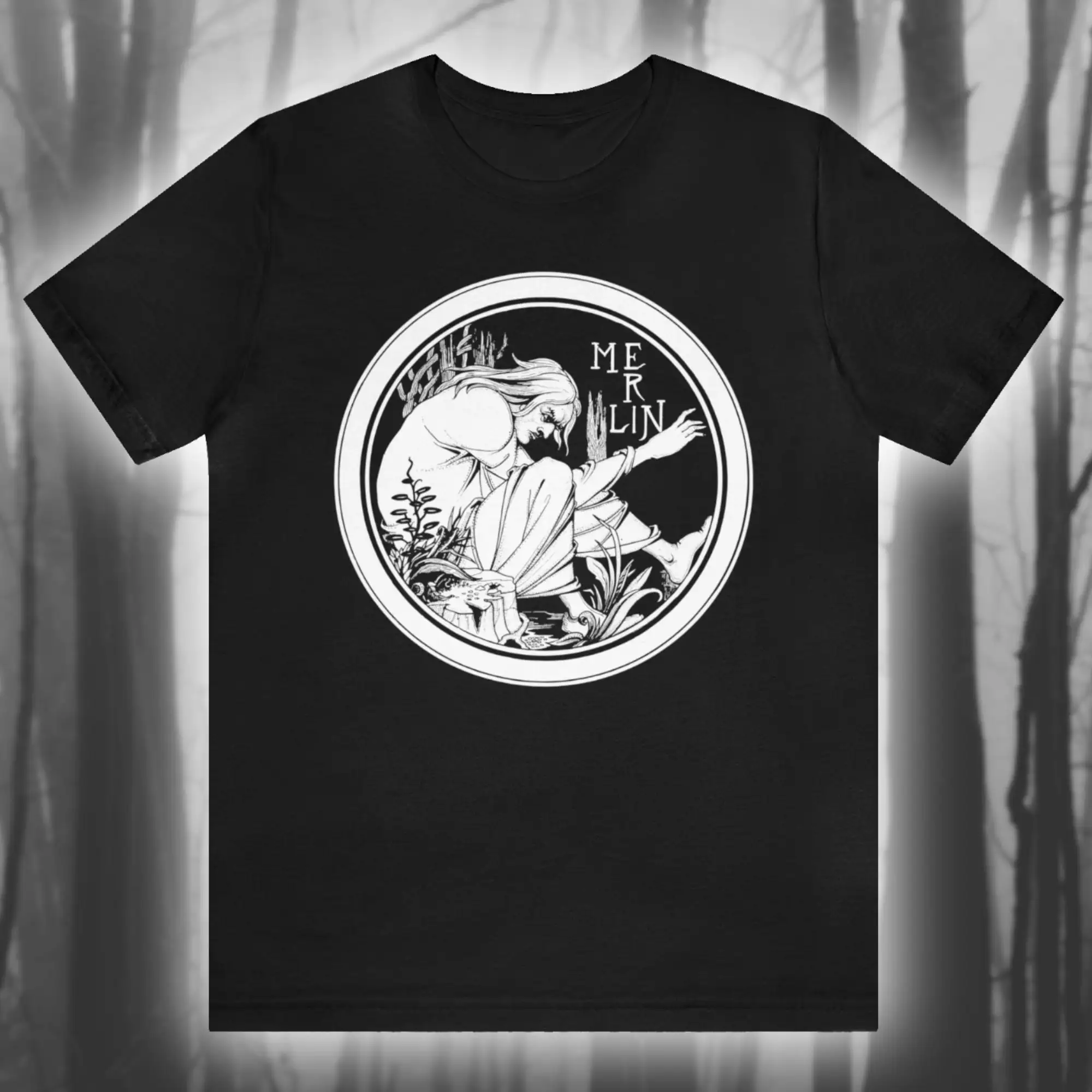 Merlin Aubrey Beardsley T Shirt Wizard Magician King Arthur Vintage Witchcraft Jersey