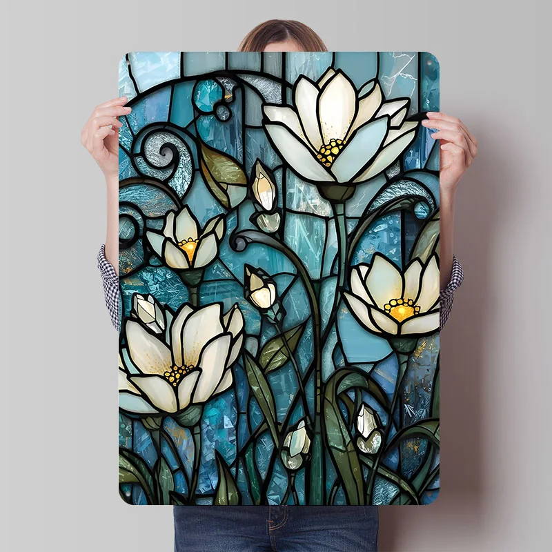 Buntglas-Blumendesign Gedrucktes Poster Individualisierte Retro-Wandkunst Vintage Metallschilder zur Dekoration Wohnungsdekoration