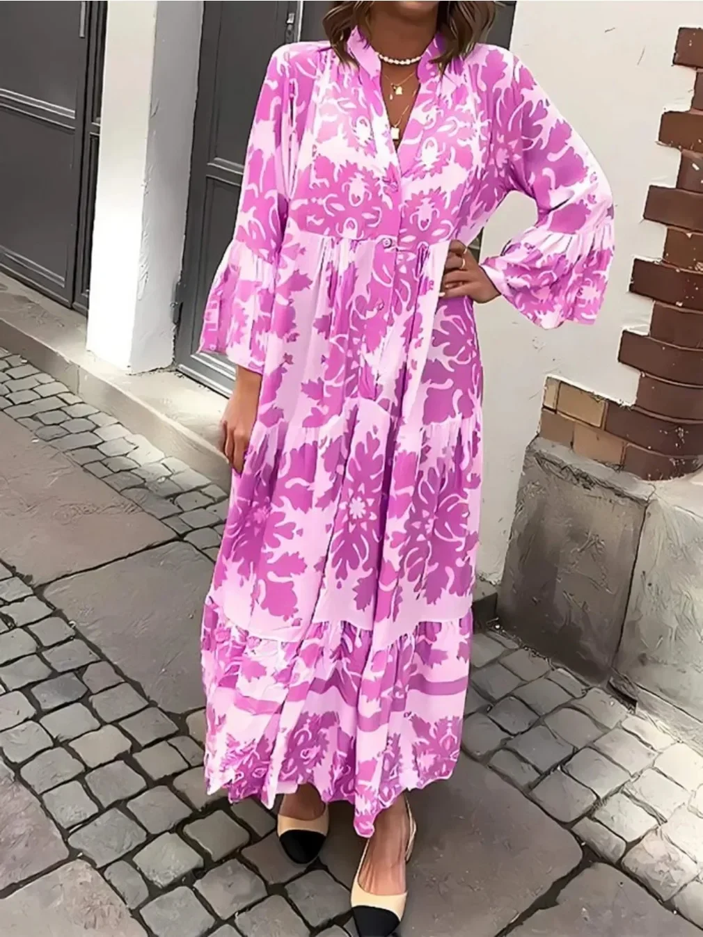 New Women's Fashionable Stand Up Collar Floral Print Flared Sleeves Long Dress Ladies Multi-color Printed Women's Casual Dress