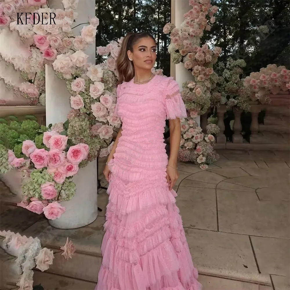 Pink O Neck Tulle Tiered Formal Dresses With White Dots Party Dress Customized Long A Line Evening Wedding Prom Events Gowns