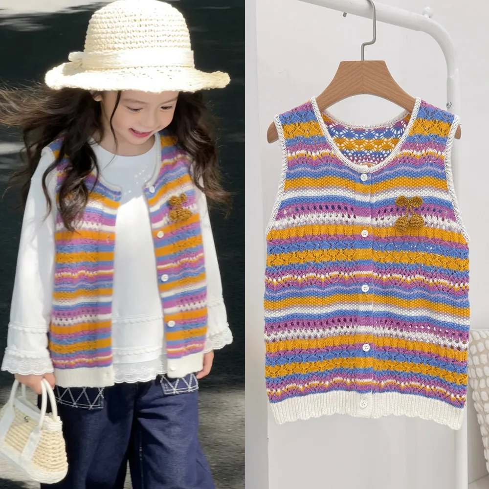 

baby girl clothes kids coat Bohemian style vest 3D cherry colored knitted cardigan Girl's vest spring Sweet coat