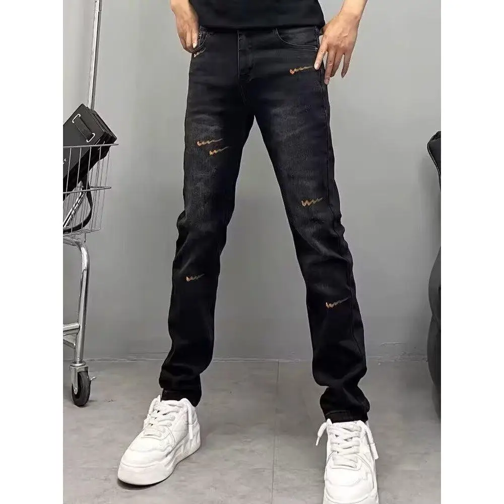 

Hand-Painted Design Slim Fit Men's Denim Jeans Printed Elastic Long Trousers mid Waist High Elastici Cotton Polyester Blend