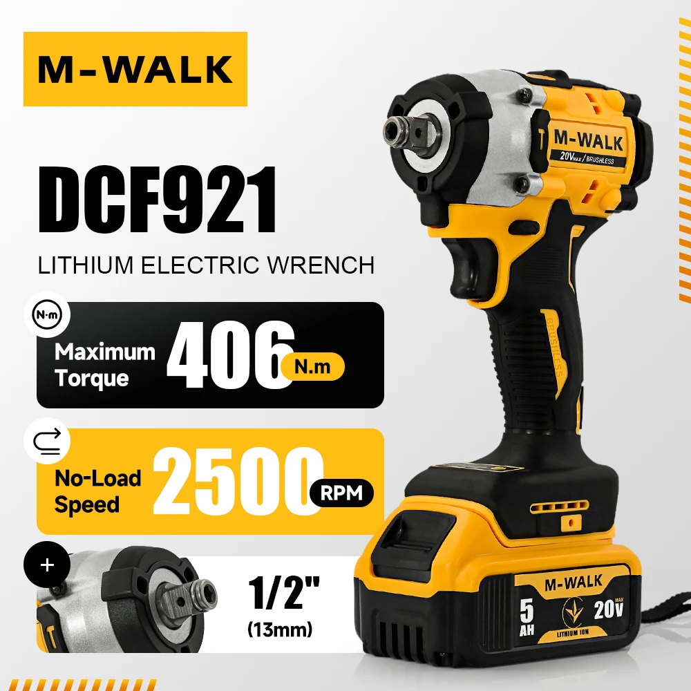 

M-WALK Электрическая дрель DCF921, ударный гайковерт 406N.m, Бесщеточные электрические отвертки, ударный драйвер, электроинструмент для штифта аккумулятора Dewalt 20V