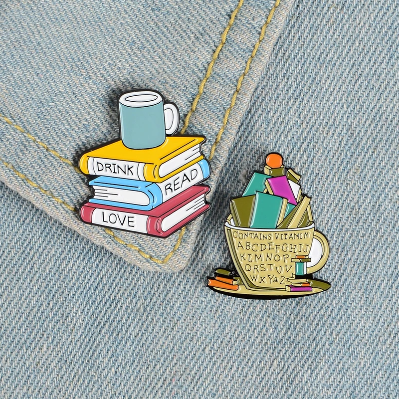 Drink Read Love Enamel Pin Books Coffee Custom Brooch Backpack Clothes Lapel Pin Cartoon Badge Reading Jewelry Gift for Friends